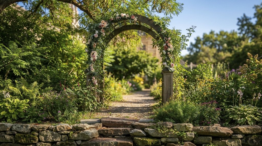 Rose-covered garden arbor along the grounds