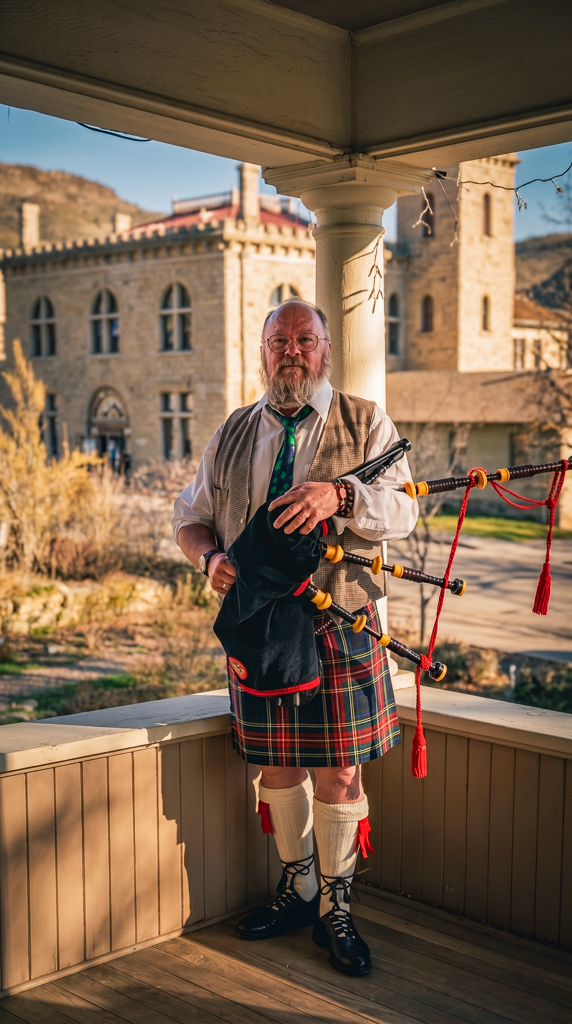 Bagpiper performing at a St. Patrick's Day event on the grounds
