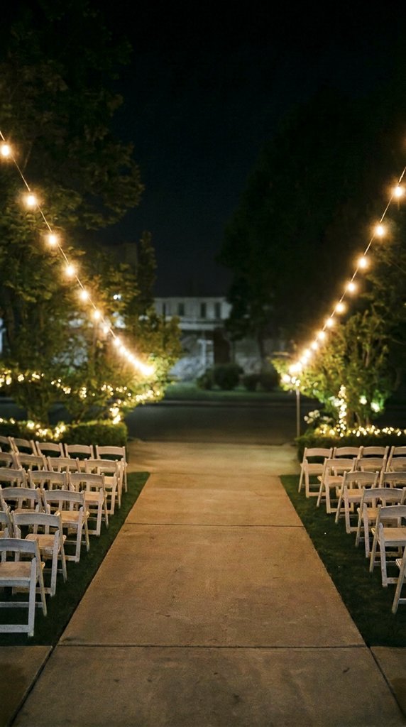 String-lit aisle with rows of white chairs leading to the house at night