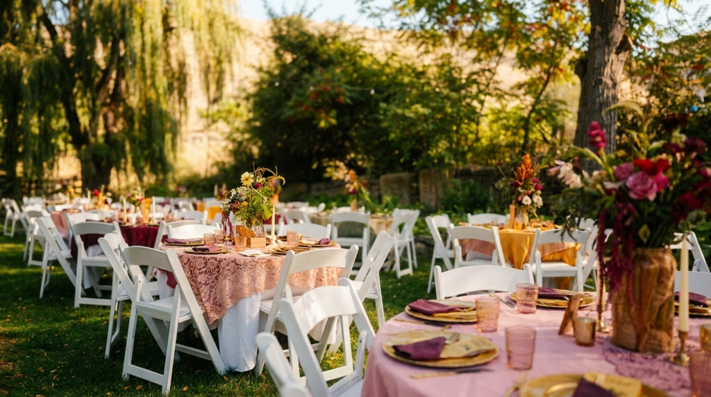 Outdoor wedding reception table set with pink napkins, gold flatware, wooden charger plates, and a lush floral centerpiece