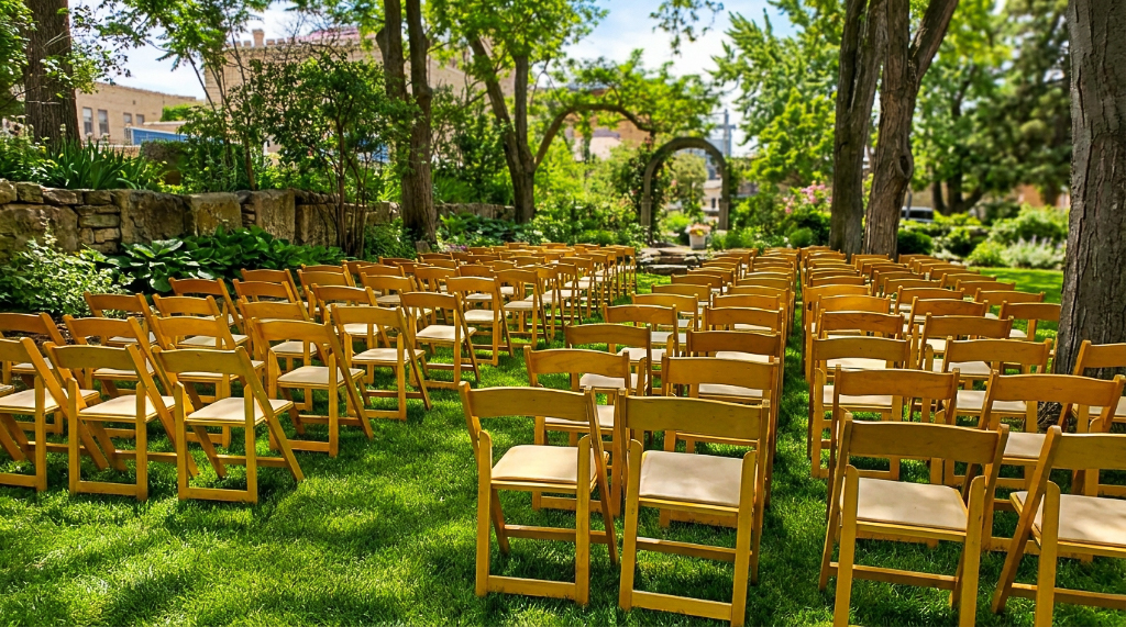 Rows of wooden folding chairs with cream cushions set up on the garden lawn for an outdoor ceremony, stone archway and mature trees in the background